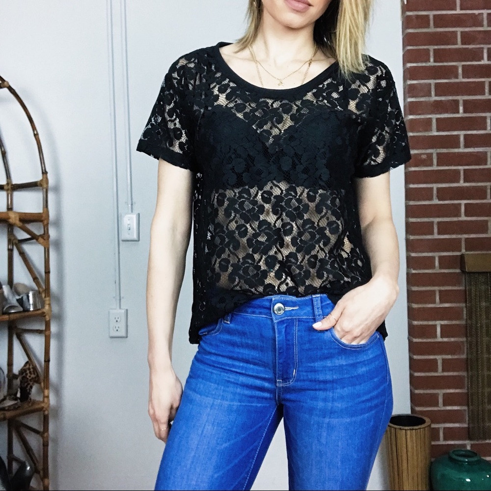 H&M Lace Short Sleeve Top in Black